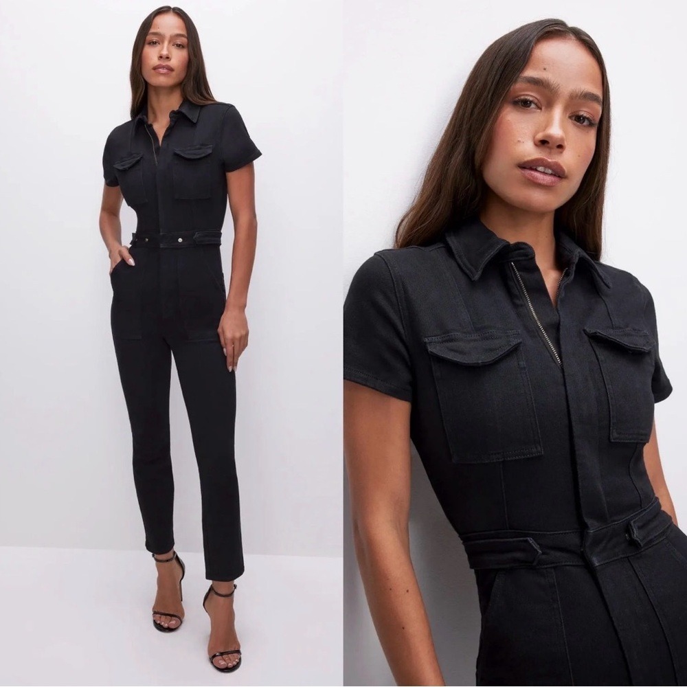 Good American Black Short-Sleeve Zip Utility Jumpsuit NEW Small